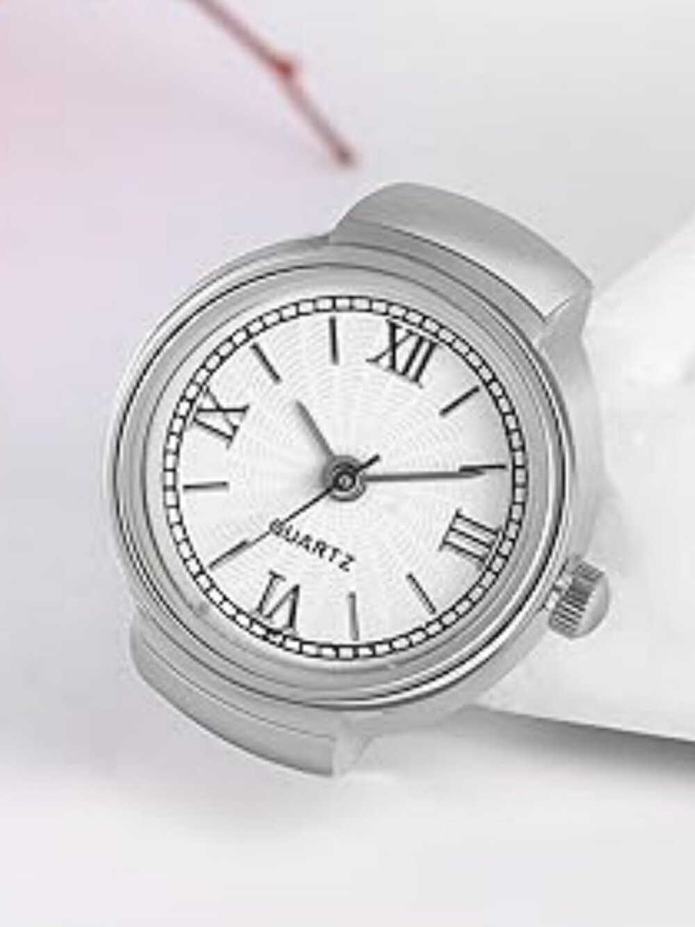 Ring Watch For Women Silver Tone Stretchy Elastic Band Round Simple Dial Quartz